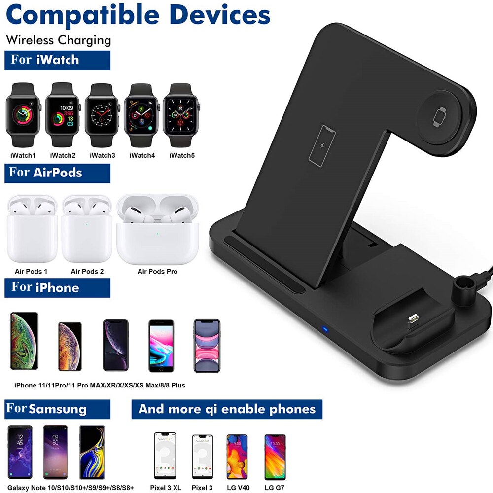 4 in 1 Wireless Charger for Apple Watch 6 5 4 3 2 AirPods Pro Qi 10W Fast Charging Dock Station For iWatch iPhone 11 XS XR X 8