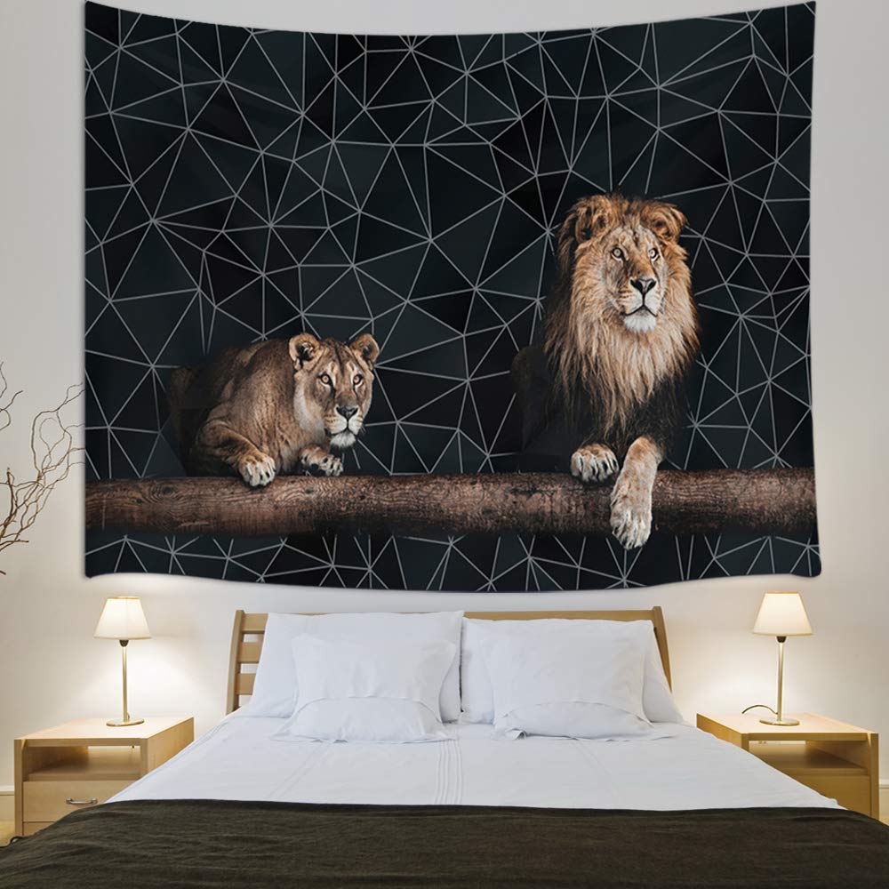 Animales salvajes León pareja en el tronco y líneas geométricas hogar Decoración atística de pared