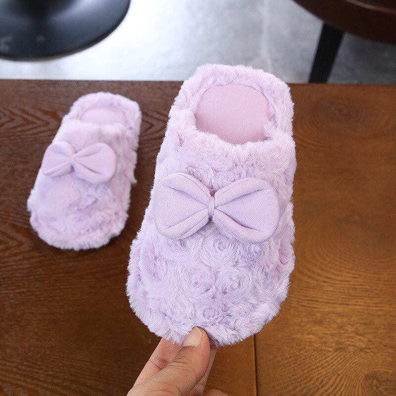 Winter Slippers Children Girls Shoes Bow Princess Slippers Warm Plush Toddler Girls Slippers Kids Slippers For Girls: Purple / 3.5 insole 22cm