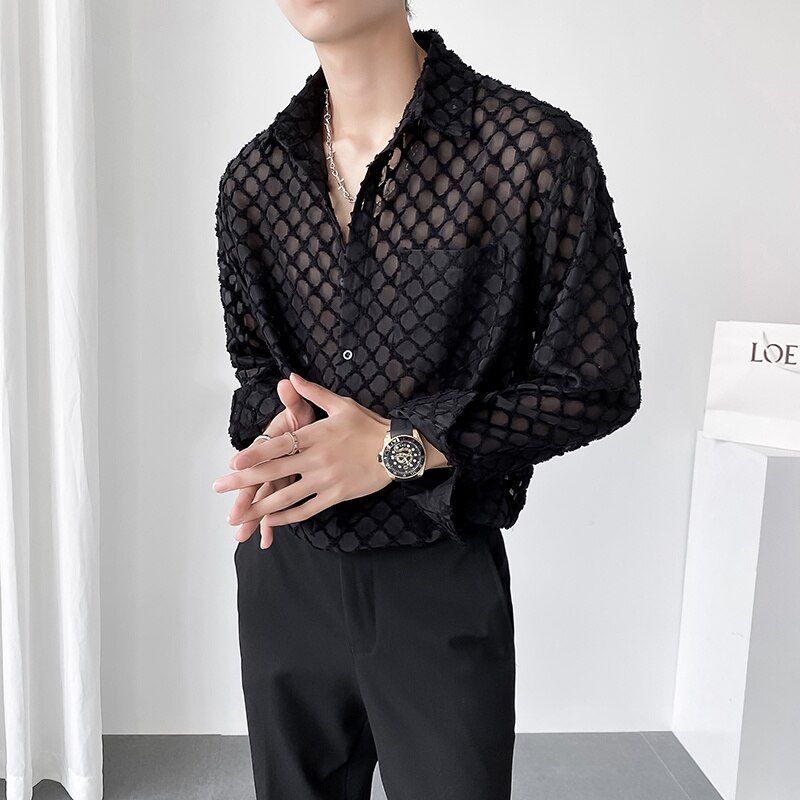 Camicia trasparente bianca nera camicia elegante da uomo della società di moda maschile camicia a quadri da uomo a maniche lunghe Casual allentata coreana
