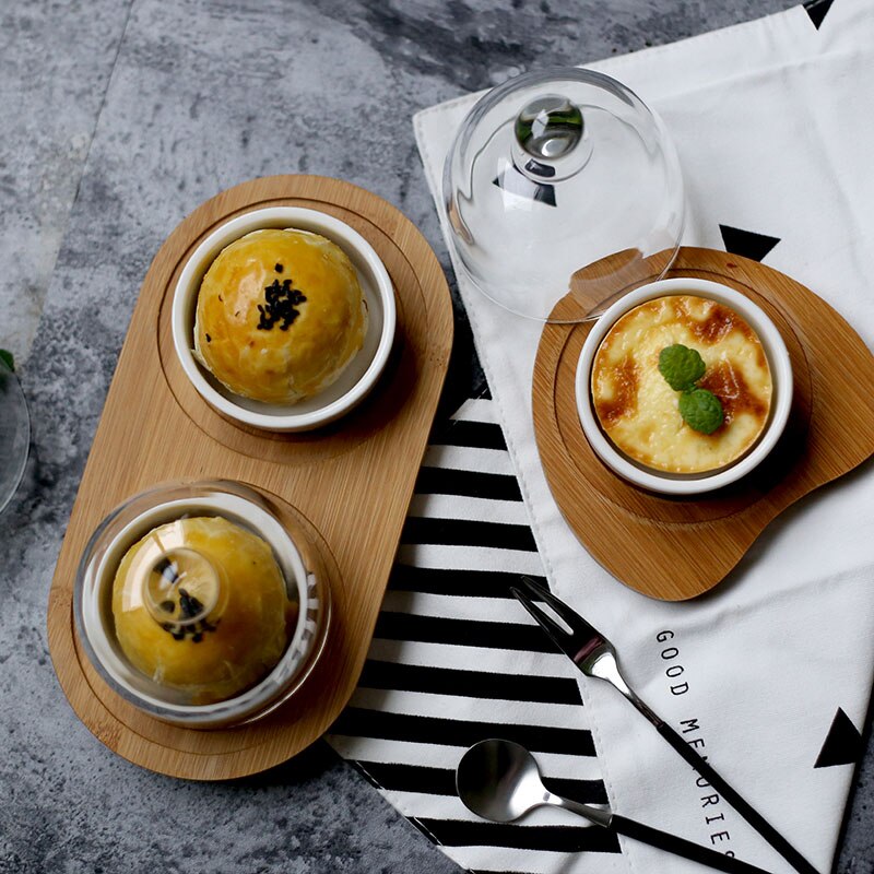 Ceramic cake bowl dessert plate bamboo tray with glass cover single / double dessert bowl pudding ice cream cup mx5311405