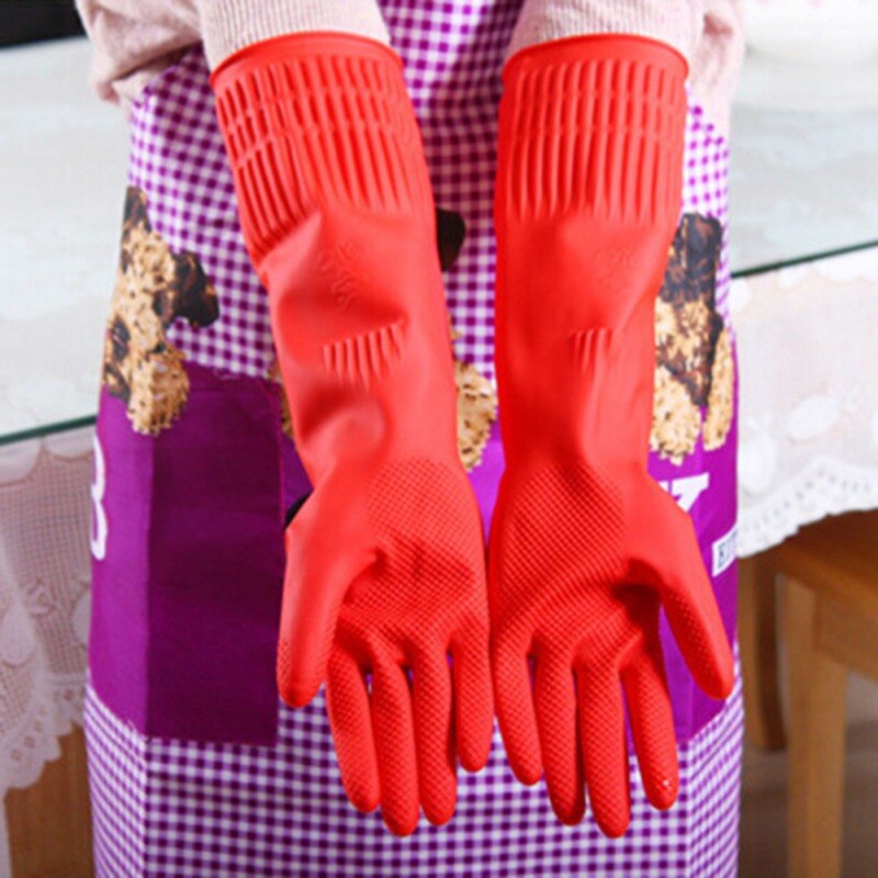 Dame fleksible komfortable gummi rene handsker rød skål vask lange handsker husholdnings rengøringsværktøj handsker beskytter: S