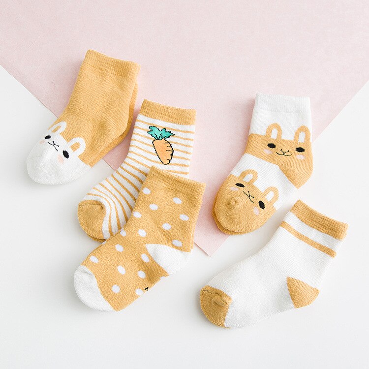 LINLING 5 Paare freundlicher Winter Dicke Warme Socken Baby Jungen Mädchen Baumwolle Socken Herbst freundlicher Neue Nette Karikatur Kaninchen Socken v103: Gelb / XL(7-9Y)