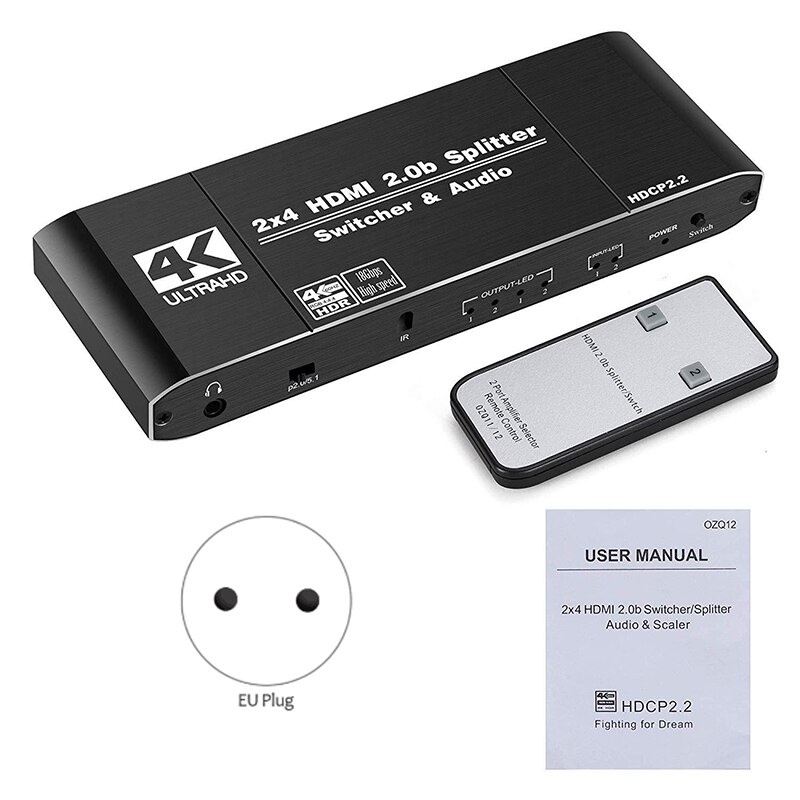 Hdmi matrix 4 x 2 4k hdr switch splitter 4 in 2 out optisk o extractor hdmi switcher med fjernkontroll