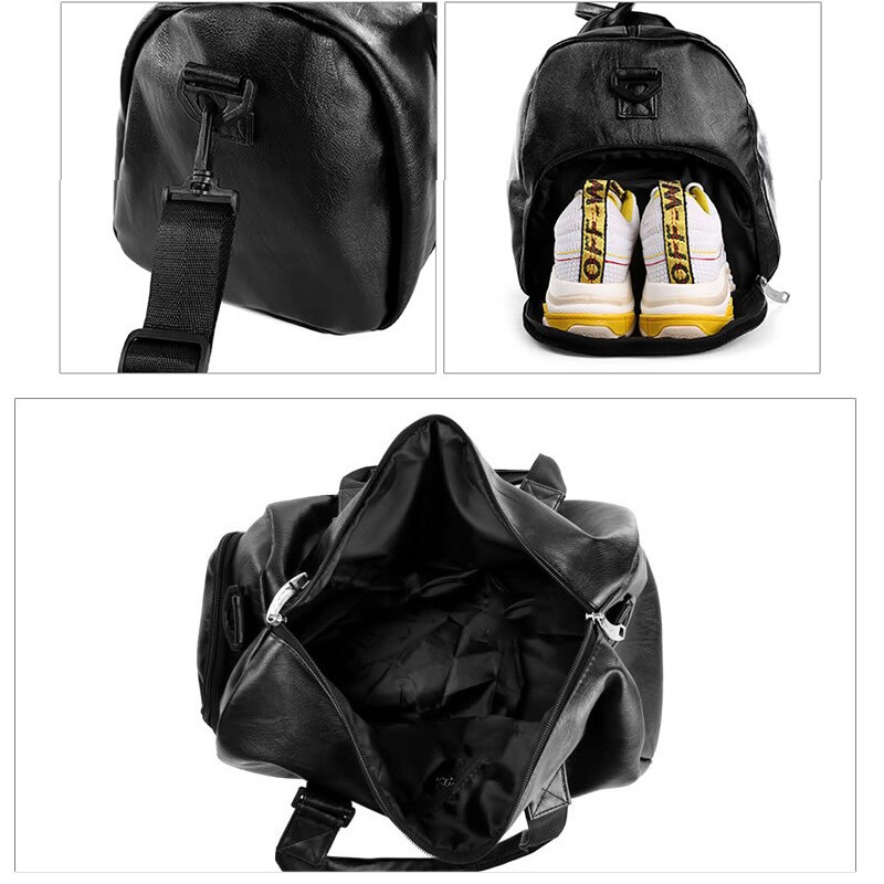 Unisex resväska dam män svart pu läder gymväskor fitness handbagage för manlig reseväska