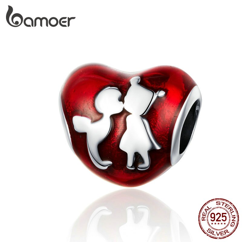 BAMOER 100% 925 Sterling Silver Love Heart ECG &amp; Red Enamel Beads fit Charm Bracelets for Women Jewelry SCC249