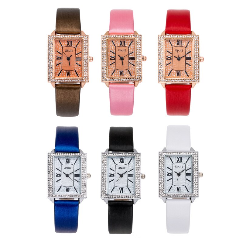 Dame quartz ur krystal firkantet ur ur kvinder armbånd ure kjole pu band kvinde ure romerske arabertal