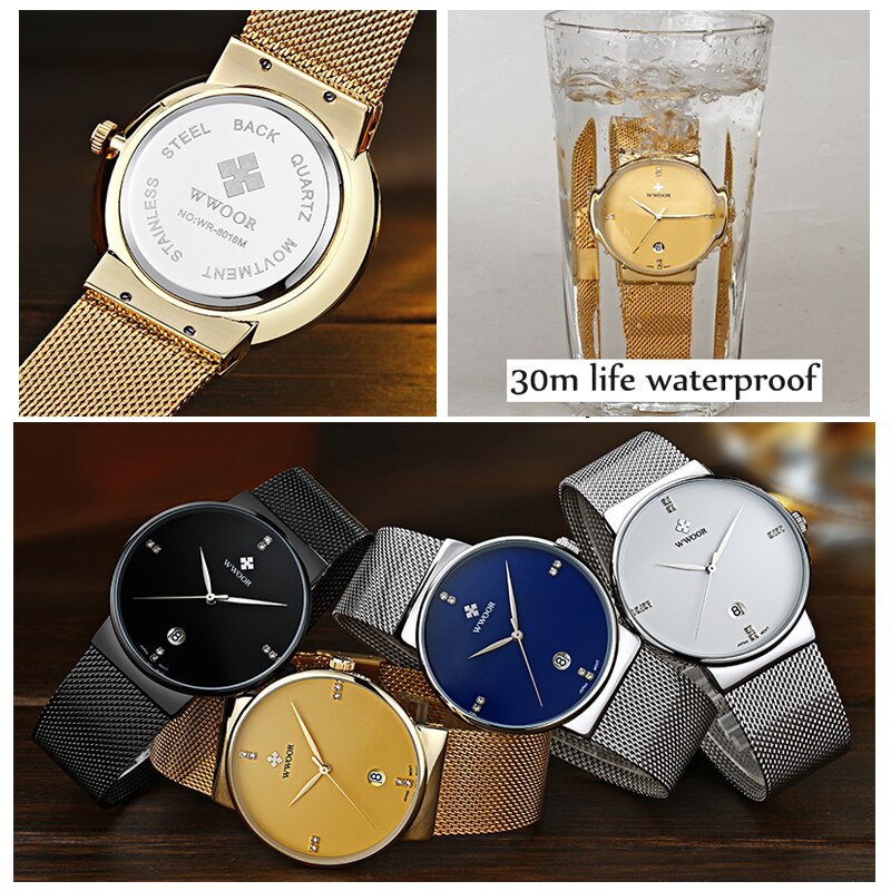 WWOOR-montre de luxe pour hommes, en acier inoxydable, doré, montre à Quartz minimaliste, diamant