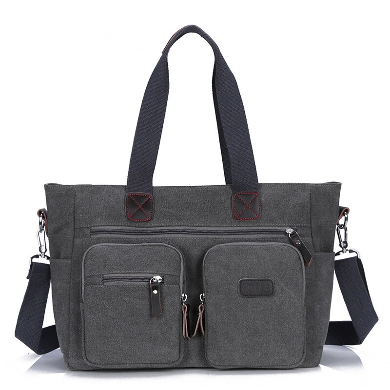 Men's Canvas Briefcase Business Handbag Multi-pocket Shoulder Crossbody Bag Laptop Office File Storage Organizer Men Bags: dark grey
