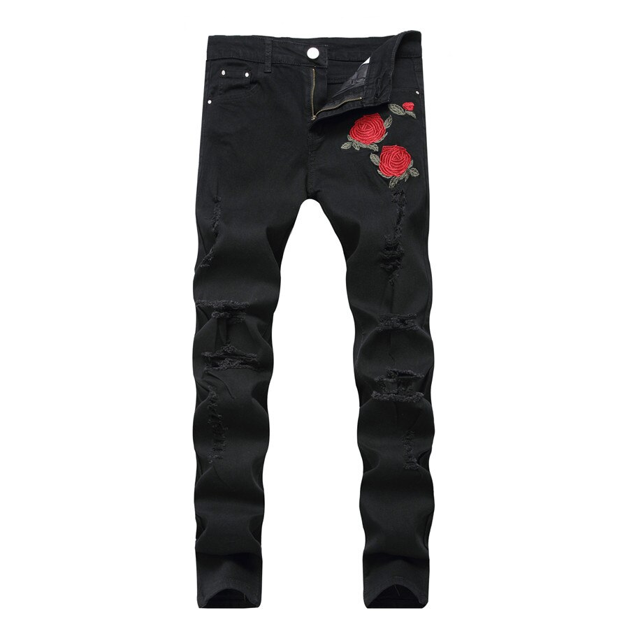 Vomint Black Ripped Jeans Met Borduurwerk Mannen Met Bloemen Rose Geborduurde Mannen Denim Jeans Stretch Skinny Jeans Broek: Front flower 1855 / 38