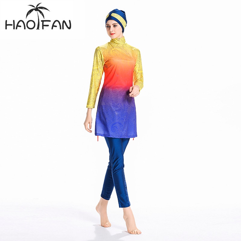 HAOFAN Nuovo Abbigliamento spiaggia per Musulmani Donne Modest Patchwork Hijab Maniche Lunghe vestito di Sport Costume Da Bagno Islamico muslimah Burkinis Costume Da Bagno di Usura