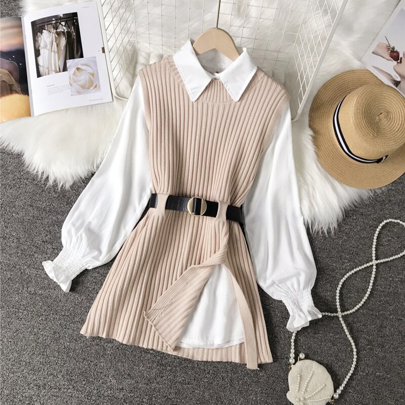 Chemise à manches lanternes pour femmes, gilet tricoté, ensemble deux pièces de style collégien, gilet à la taille, top UK900, printemps-automne: Apricot