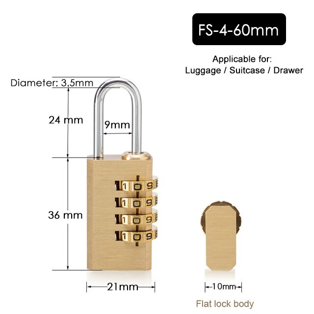 NAIERDI Digital Combination Password Lock High Security Solid Brass Anti-Drill Lock Travel Luggage Code Padlock Suitcase Locks: FS-4-60MM