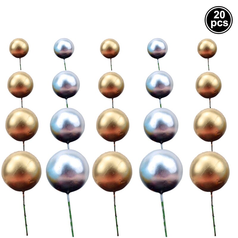 20pcs Golden Ball Cake Topper Happy Birthday Baby Baptism Cake Decoration Diy Cupcake Wedding Party Decoration Supplies: Mixed  20pcs