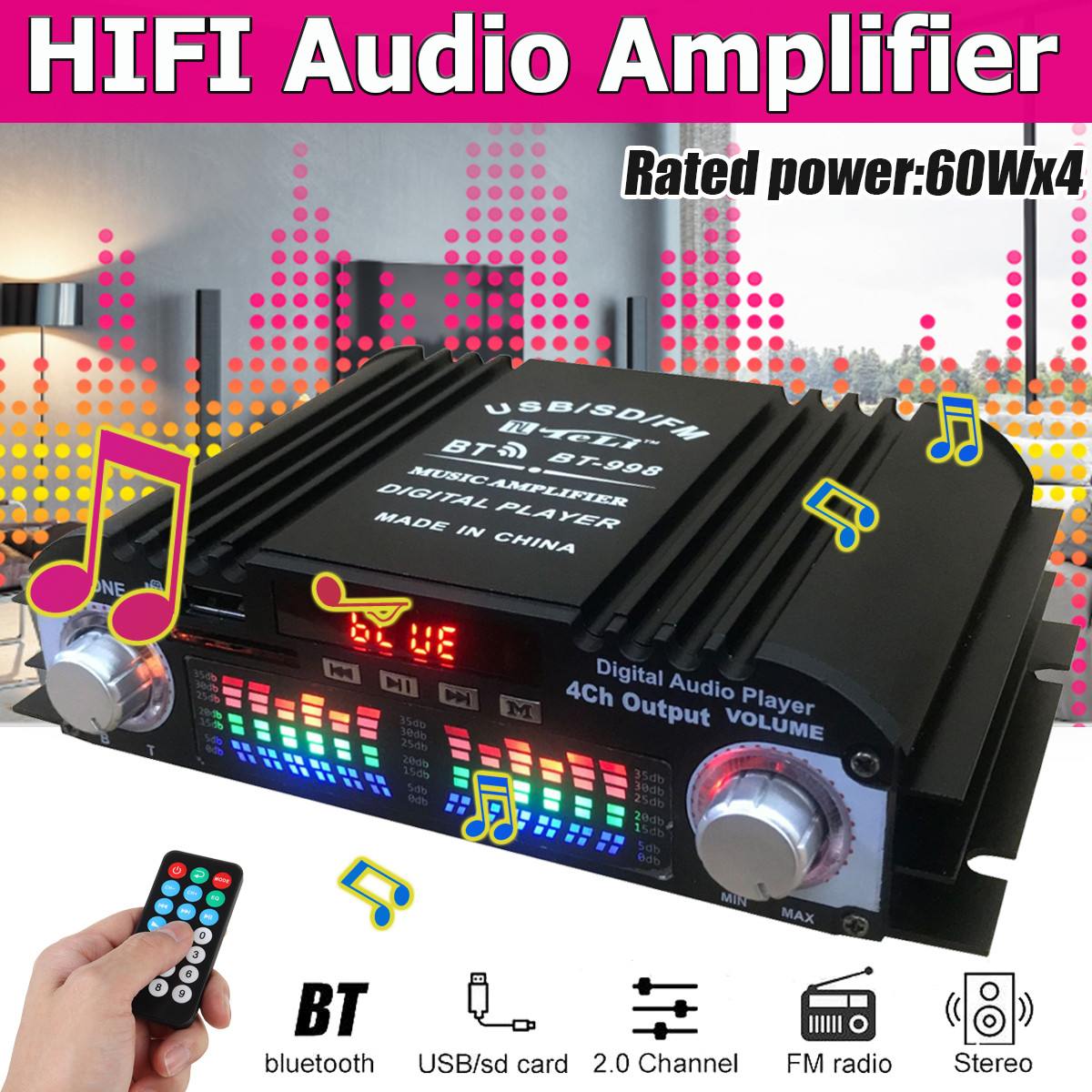 BT-998 Hifi Audio Home Digital Amplifiers Car Audio Bass Power bluetooth Amplifier FM USB SD Radio Subwoofer Speakers 12V/220V