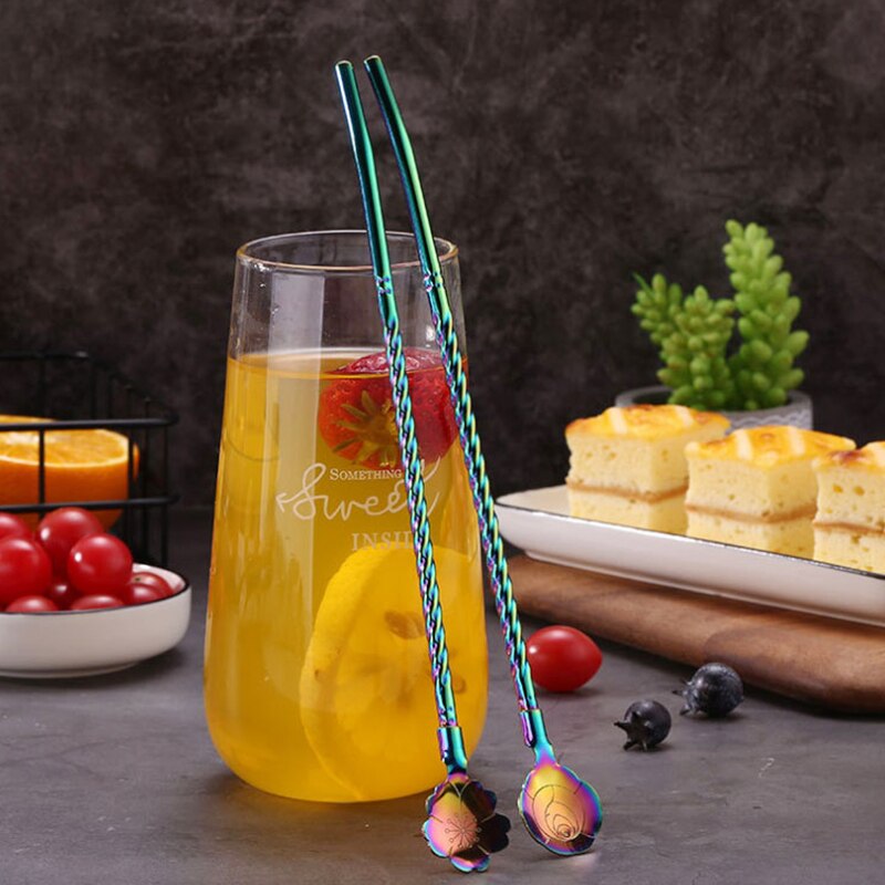 Ensemble de cuillères en acier inoxydable 2 pièces avec longues fleurs en forme de coeur
