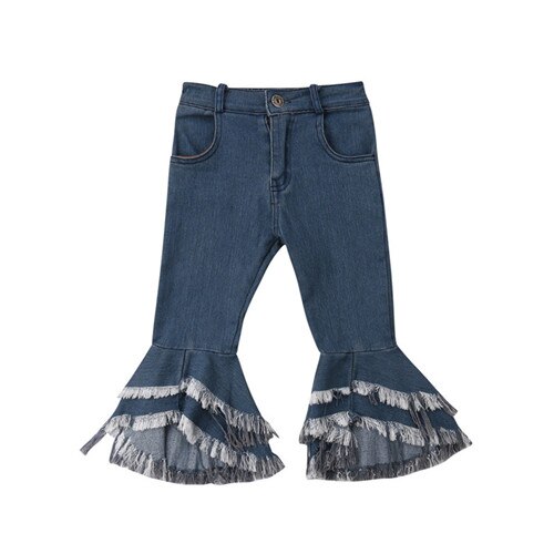 Newborn Toddler Kids Baby Girl Tassel Long Jeans Denim Ruffle Flared Pant Bell-bottom Trouser Girls Clothes 2-7Years: 4T