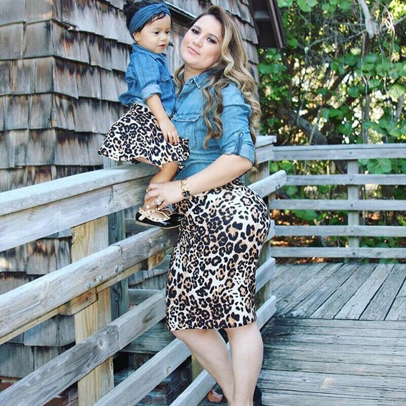 Familie matchende denim toppe leopard kjole kvinder mor baby pige fanshion outfits