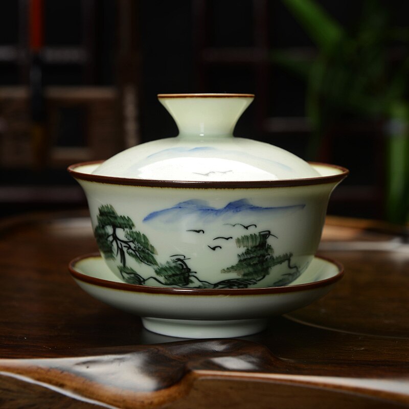 [storhet] håndmalt celadon gaiwan kung fu gaiwan porselen gaiwan jingdezhen 150ml gaiwan tesett kung fu tekanne: En