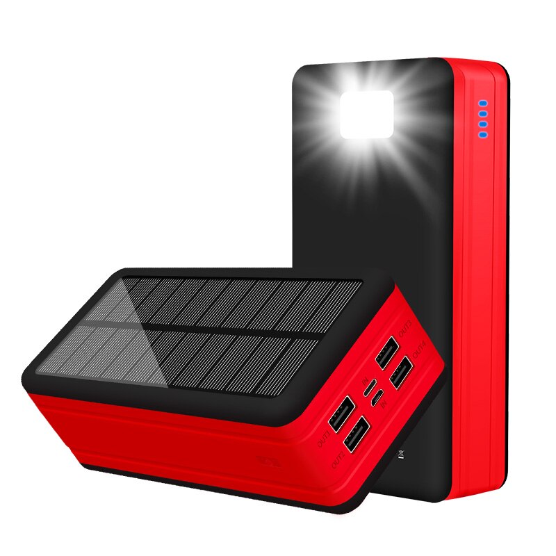 99000mAh Large Capacity Solar Power Bank with 4USB for Outdoor Trip Portable External Battery for IPhone Samsung Xiaomi: Red