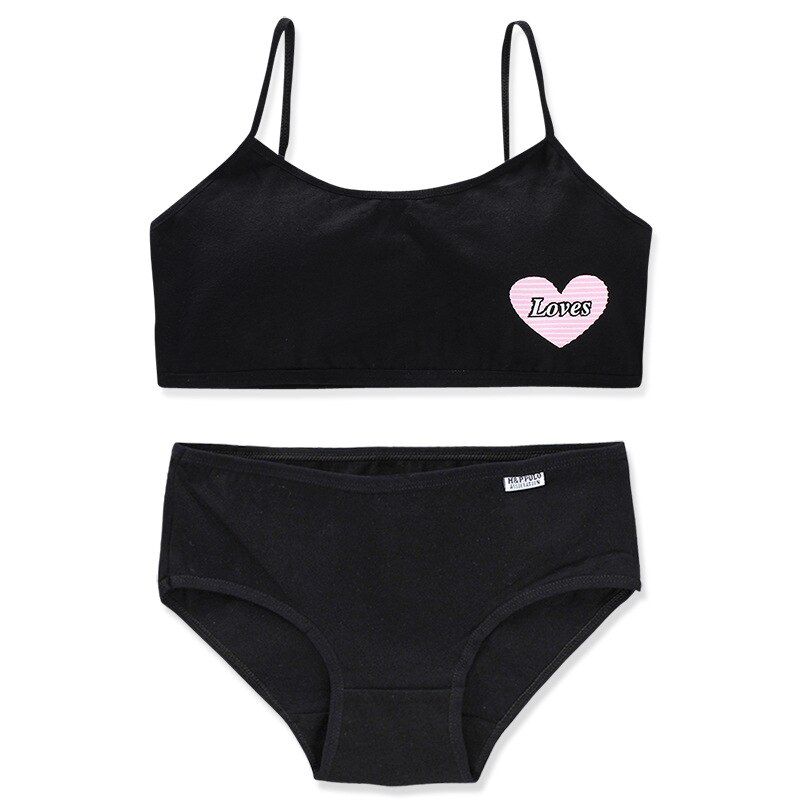 Conjunto de sujetador y bragas para niña adolescente, ropa interior de entrenamiento de algodón puro con tirantes, 8-16 años,: Negro