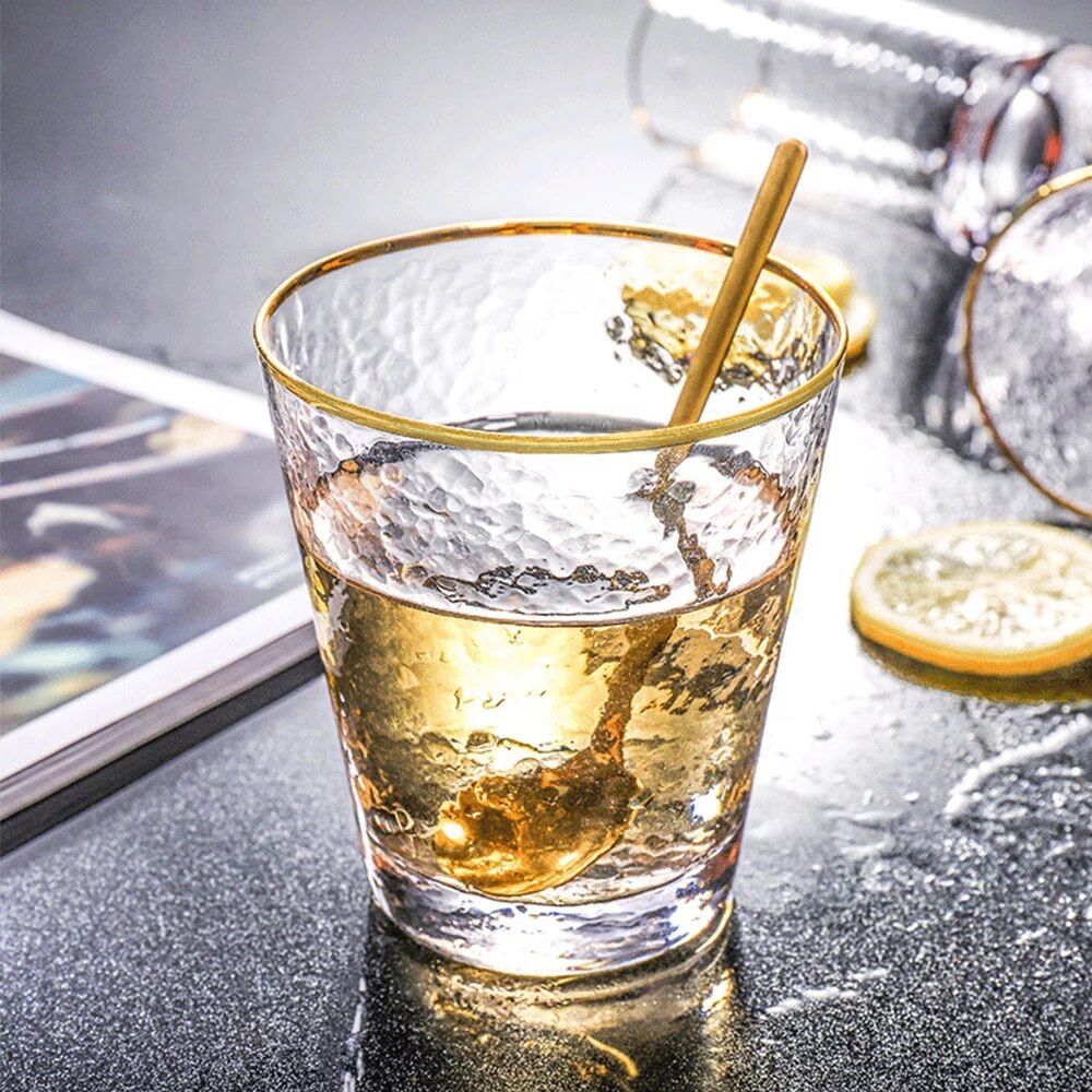Glass Cup With Gold Rim Coffee Mug Thermal Insulation Breakfast Milk Crystal Hammer Point Ripple Cups Tumbler