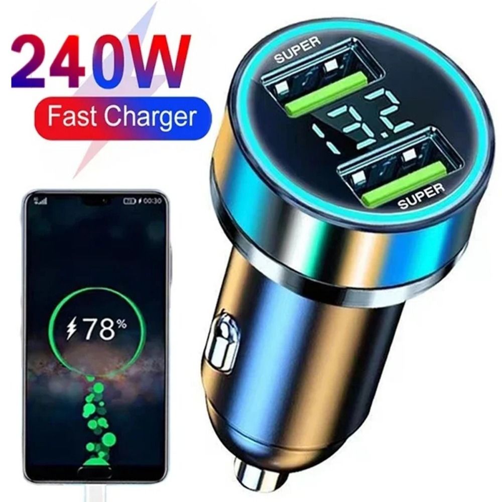 Cargador de teléfono para coche con puertos USB duales, adaptador tipo C de carga rápida de 240W para coche de 12-24v, no se puede apagar fácilmente