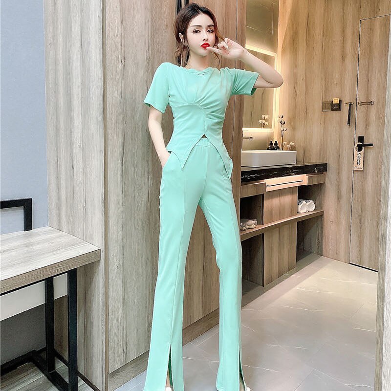 Women Summer Two-piece Suits Female O-neck Irregular Tops Ladies High Waist Split Slim Trousers Sets I86: Green / L