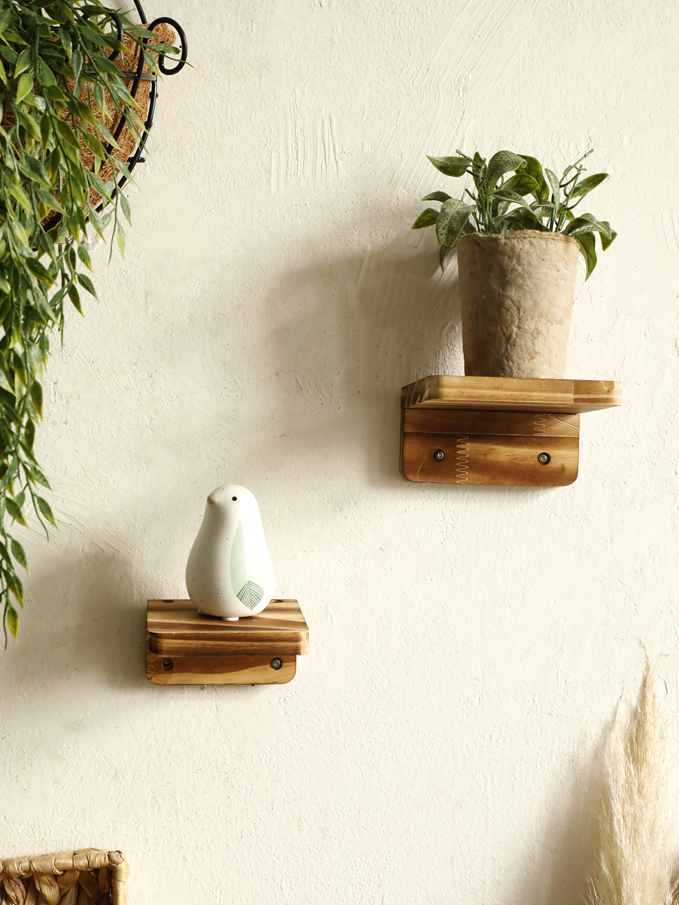 Rustic Wooden Wall Shelf Square Floating Shelves Ledge Boho Home Decor Plant Flower Pot Wall Hanging Living Room Display Stands