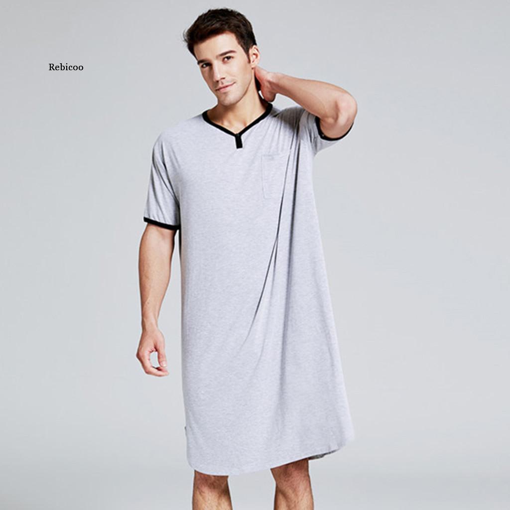 Men Sleepwear Long Nightshirt Short Sleeve Nightwear Night Shirt Soft Comfortable Loose Sleep Shirt Male Home Clothing