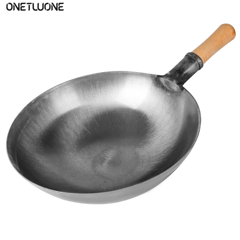 Traditional Handmade 100% Iron Wok Thickening Non Coated Round Bottom Pan Wok Cook Large Cooking Pot Wood Handle Lid