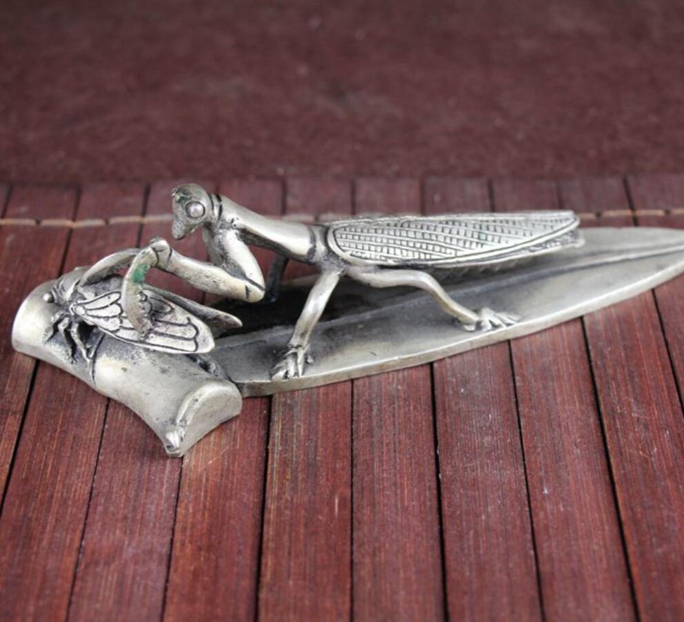 Copper Statue Copper gilded silver study home furnishings Bamboo leaf Mantis catching Zen