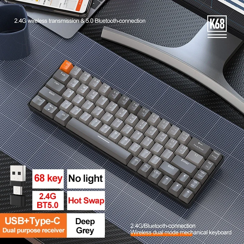 K68 2.4g/bt5.0 mekaniske spilltastaturer, 68 smakebit med hotswap, mini mekanisk spilltastatur, pbt-tastehetter, 65%  tastaturer