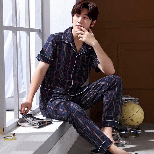 Herr mjuk 100%  bomull pyjamas set pyjamas set manlig sovkläder set loungewear l xl xxl xxxl: Xl