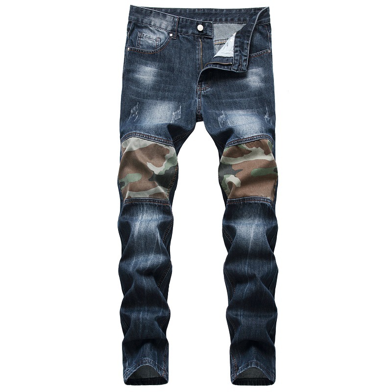 2021high street jeans rasgado masculino casual fino ajuste denim calças ponto branqueamento reta estiramento jeans azul claro