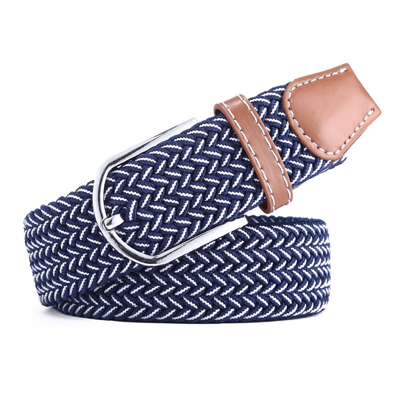9 farger kvinnelig tilfeldig strikket nålspenne menn belte vevd lerret elastisk utvidbart flettet stretch belter for kvinner jeans: Blå hvit