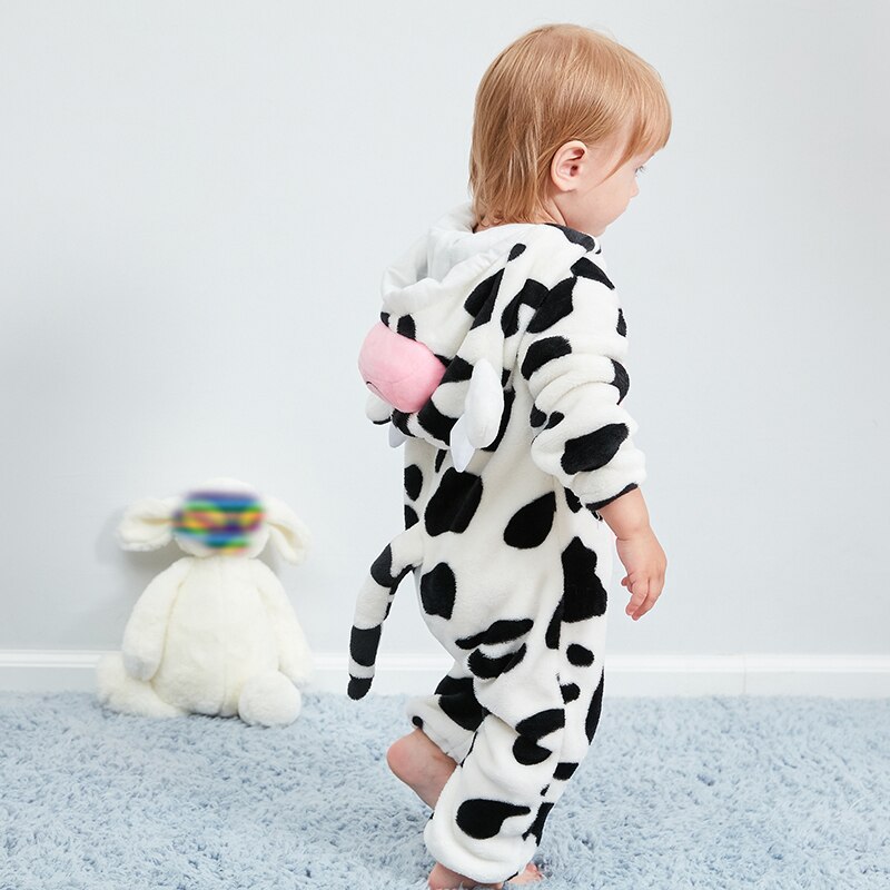 Purim halloween kostymer baby takrenne jenter tegneserie dyr melk ku kostyme onesie kigurumi spedbarn småbarn romper jumpsuit flanell