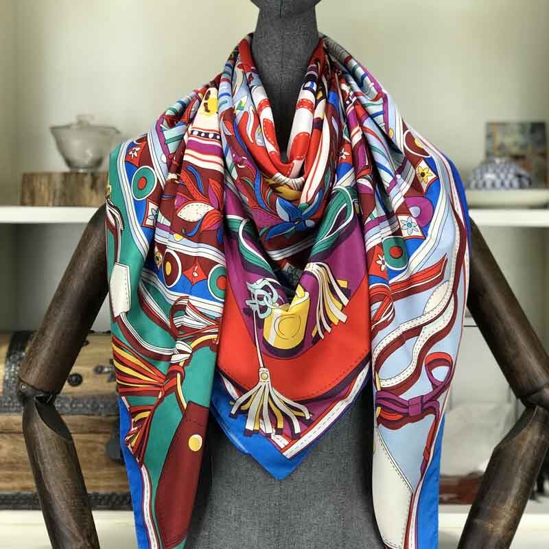 Bufanda Mujer cuadros de seda de sarga de 100% chal con estampado de Echarpe cuatro lard para Mujer Bufandas cuadradas para Mujer Pañuelos Mujer 130*130cm: 1