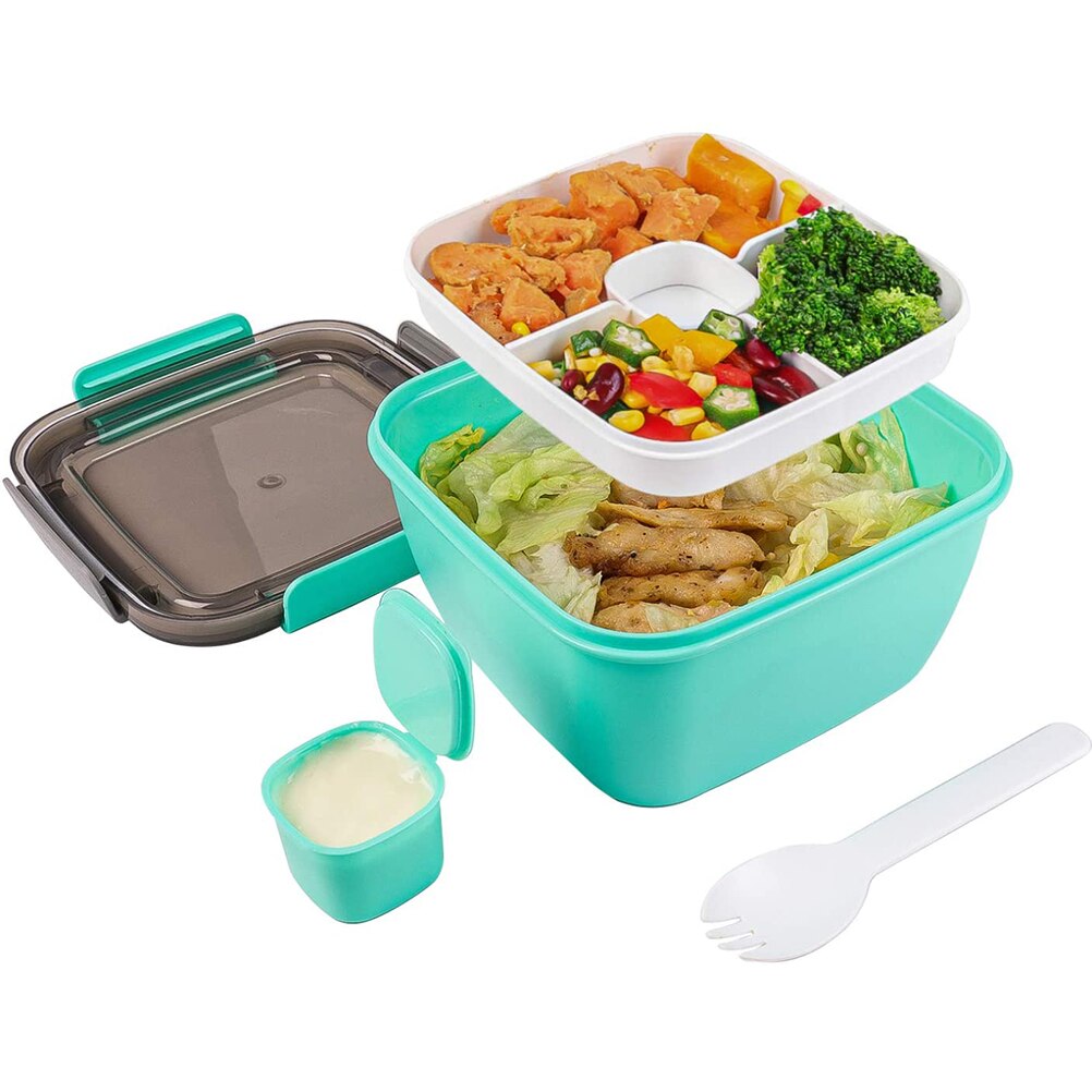 Salad Lunch Container Large Salad Bowl With Removable 4-Compartment Bento-Style Tray And Sauce Container #20: Green