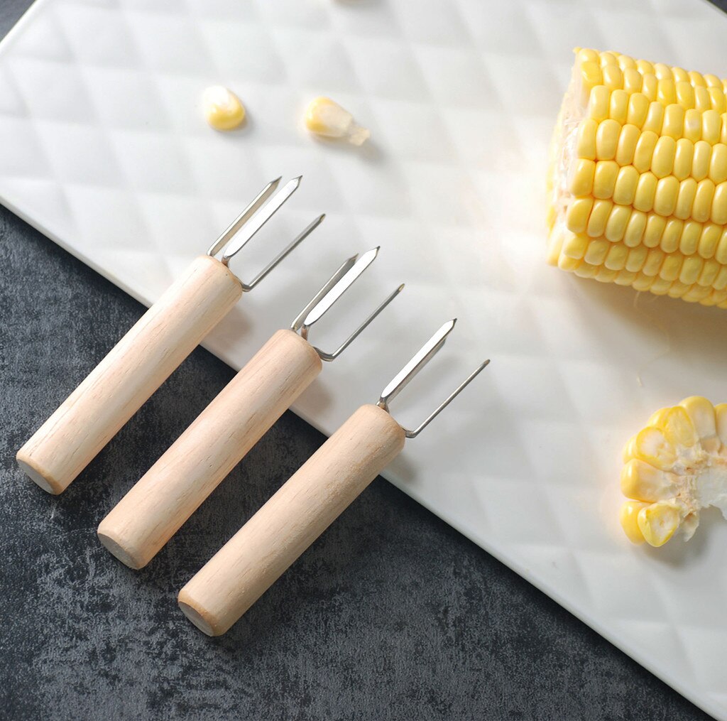 Stainless Steel Corn Forks Corn On The Cob Skewers Stainless Steel Corn Holder With Wooden Handle Barbecue Bbq Supplies 8PCS