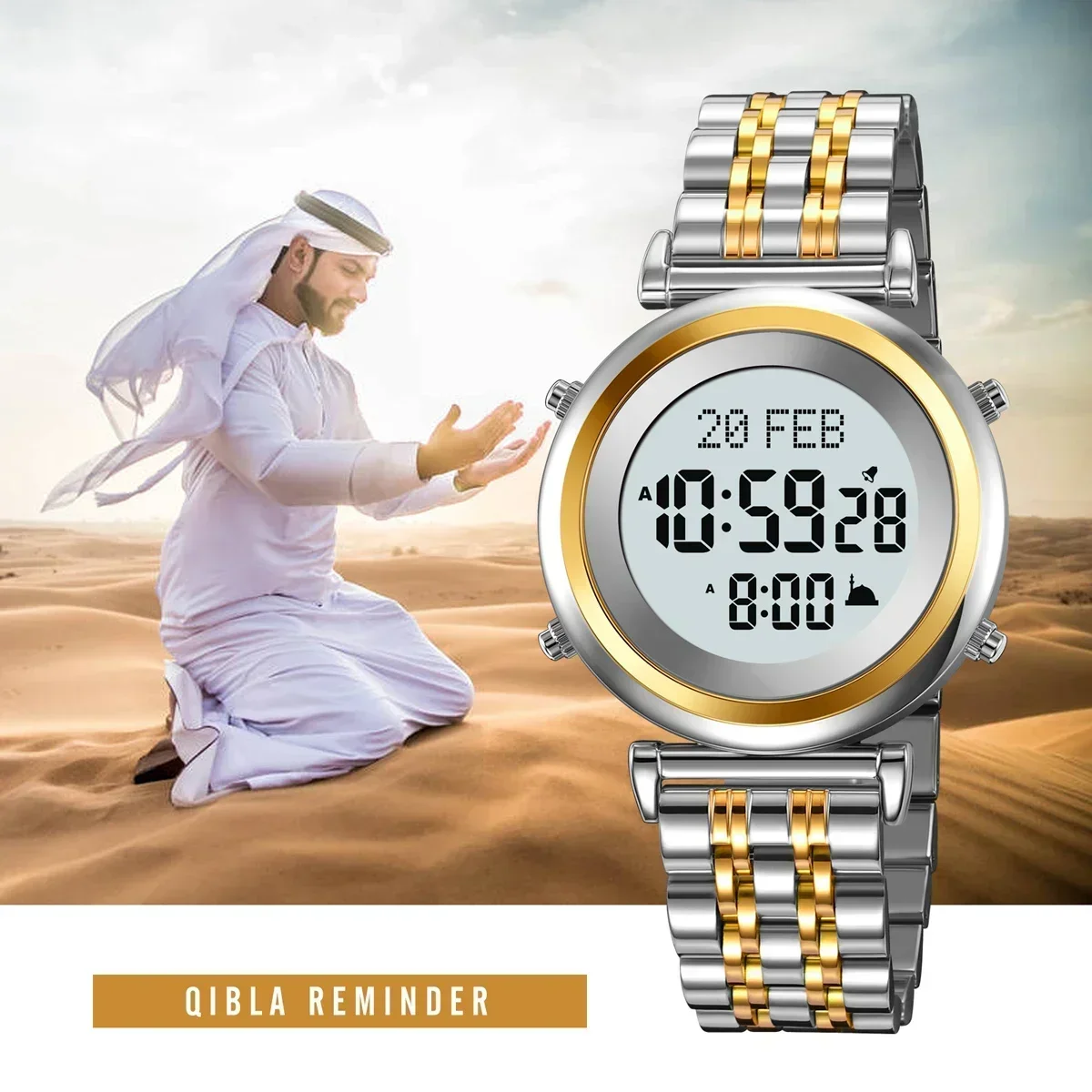 Skmei 2139 Staal Moslim Azan Digitaal Horloge Heren Achterlicht Waterdicht Polshorloge Gebed Qibla Kompas Wekker Horloge 1861
