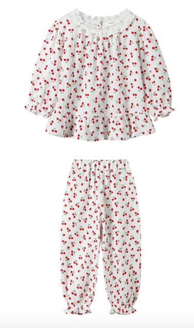 Robe de nuit Lolita pour enfants, imprimé cerise, chemises de nuit princesse à volants, vêtements de nuit pour tout-petits: Pajama Set / XXL Height 135-145cm