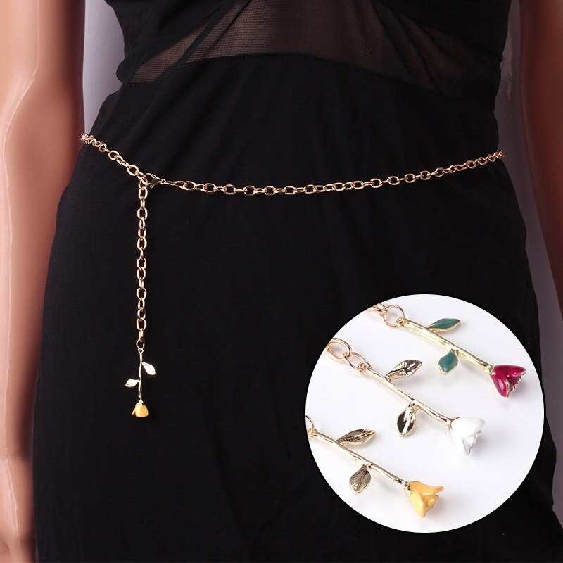 Gold Metal Thin Women Chain Belt Rose Flower Decorative Waist Chains All-Match Dress Adjustable Metal Straps