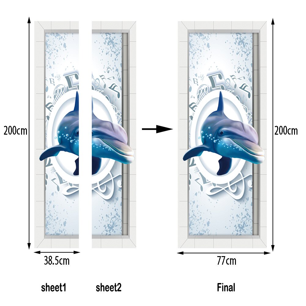 3D Blue Dolphin Door Stickers Kids Room Bedroom Door Mural Wooden Steel Door Peel and Sticker DIY Renovation Wall Paper Decal