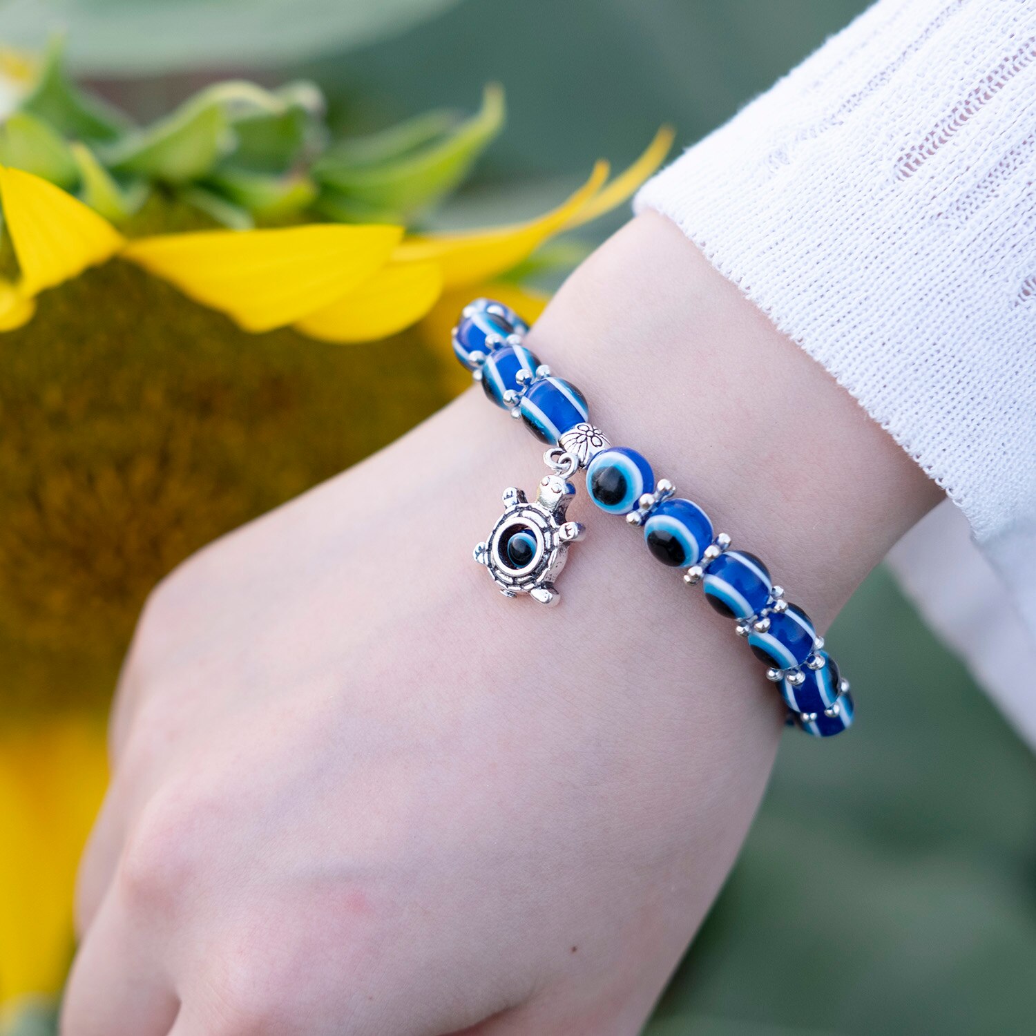 Niebieska bransoletka Evil Eye dla kobiet mężczyzn turecka dłoń wisiorek oczy koraliki Handmade szczęśliwa bransoletka elastyczna regulacja Charm bransoletka: Turtle