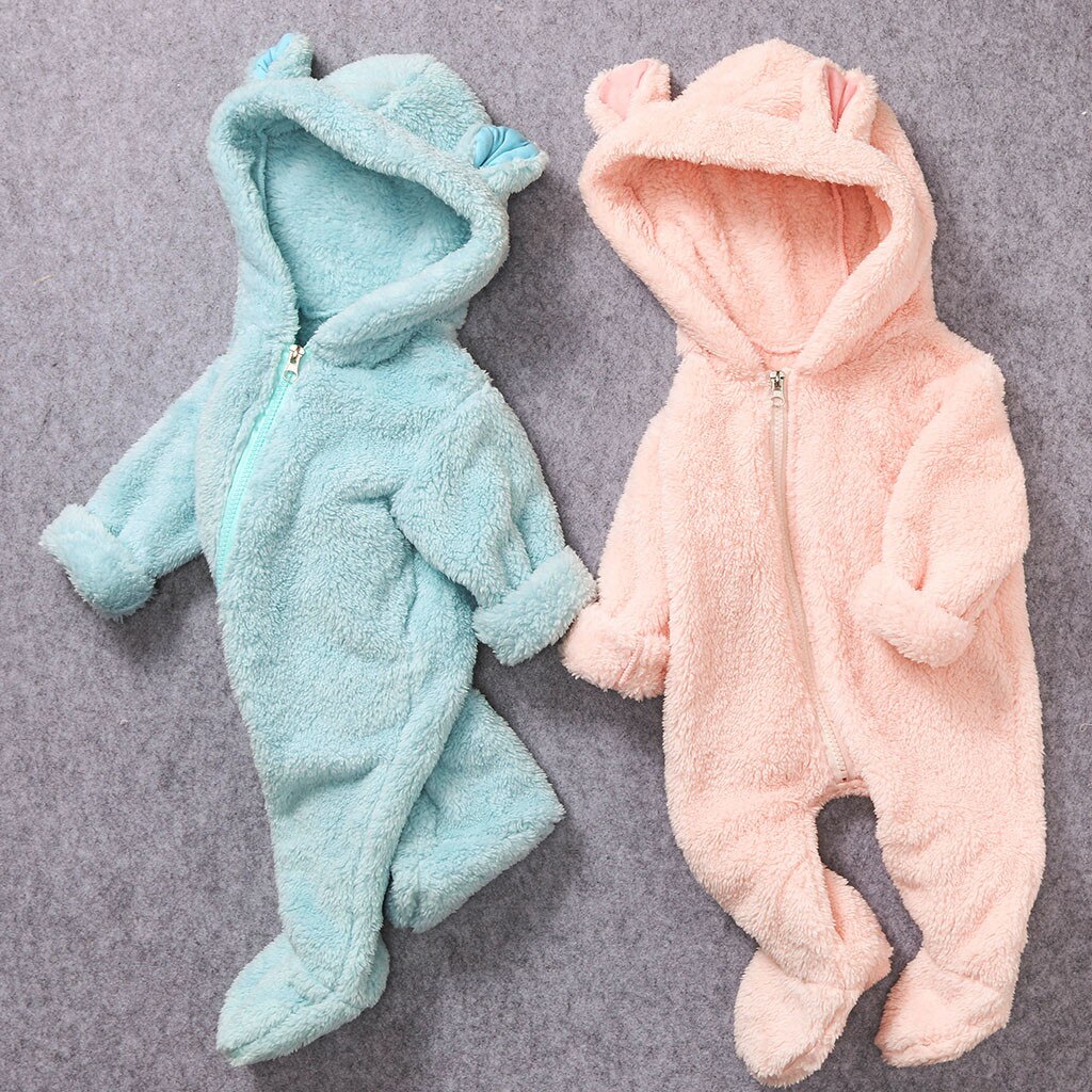 Pasgeboren Baby Jongen Winter Fleece Jumpsuit Solid Hooded Romper Warme Jas Uitloper