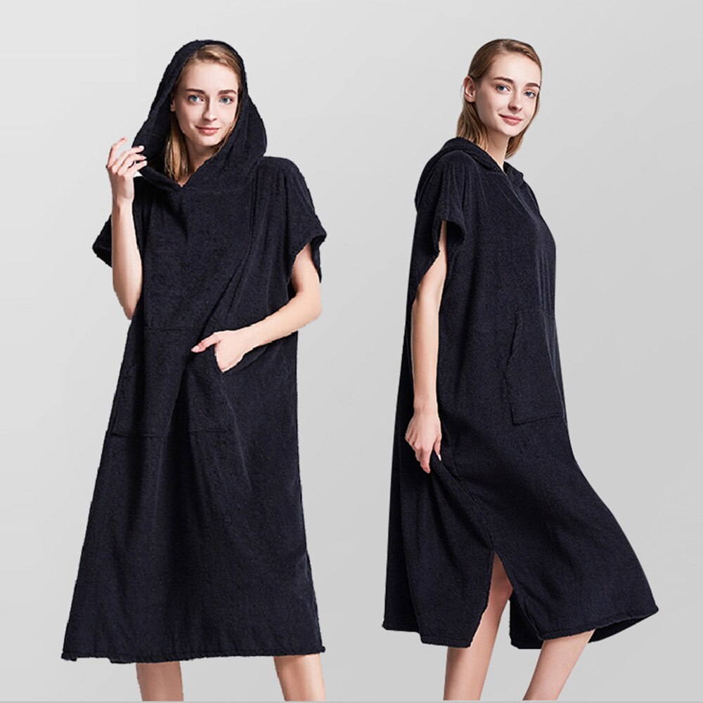 Solid Black Color Thick Robe Surfing Poncho Towel Wet Hoodie Cloak Beach Skirt Adult 110x75cm With Pocket + No Pocket Style: Black With Pockets B