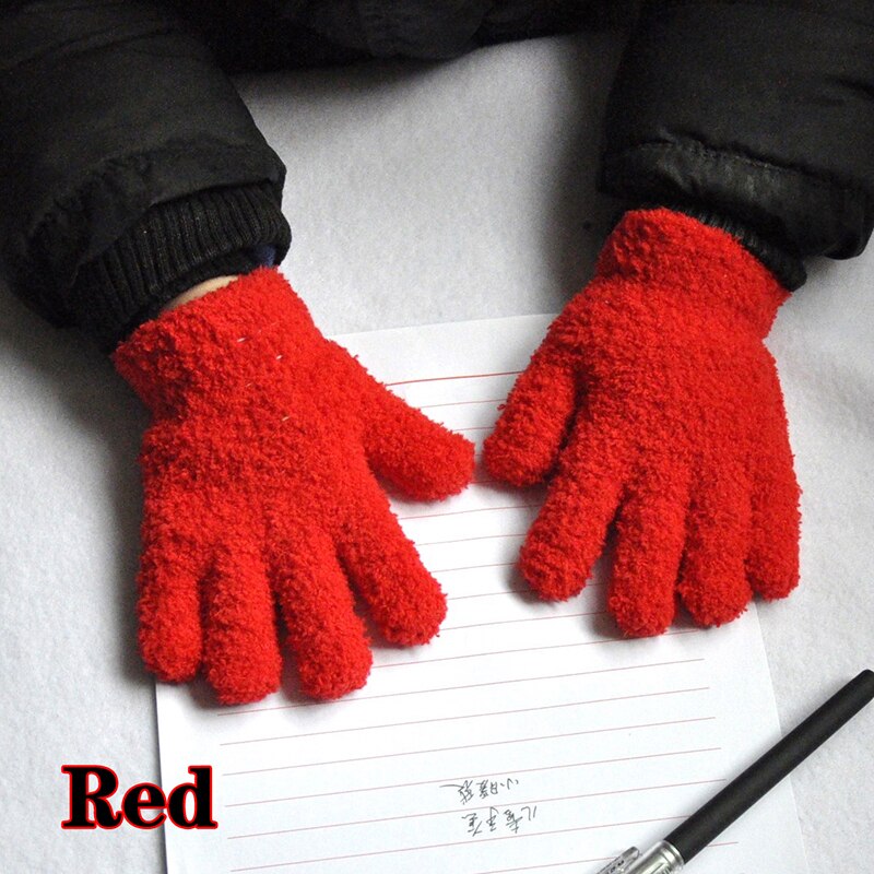 Winter Warm Plus Velvet Thick Gloves Cute Winter Kids Gloves Coral Fleece Children Plush Full Finger Keep Warm Solid Gloves: Red