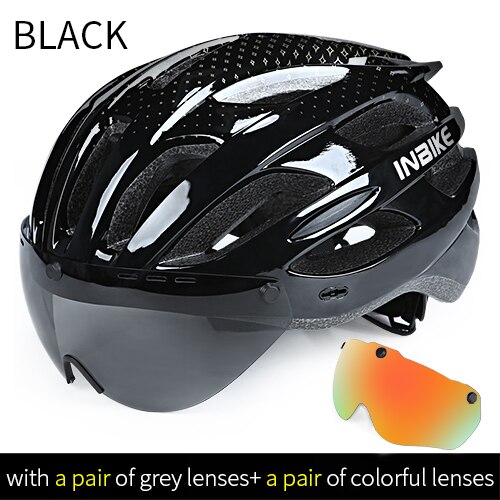 Inbike Fietshelmen Mannen Vrouwen Mtb Racefiets Helm Ultralight Integraal Mold Fietshelm Met Bril Rijden Veilig Cap: Black 2 Lens