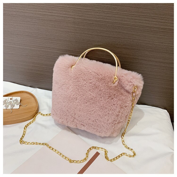 Meisje Mooie Zachte Pluche Schoudertas Faux Fur Winter Keten Crossbody Tas Draagbare Lady Casual Tote Party Handtas: Roze